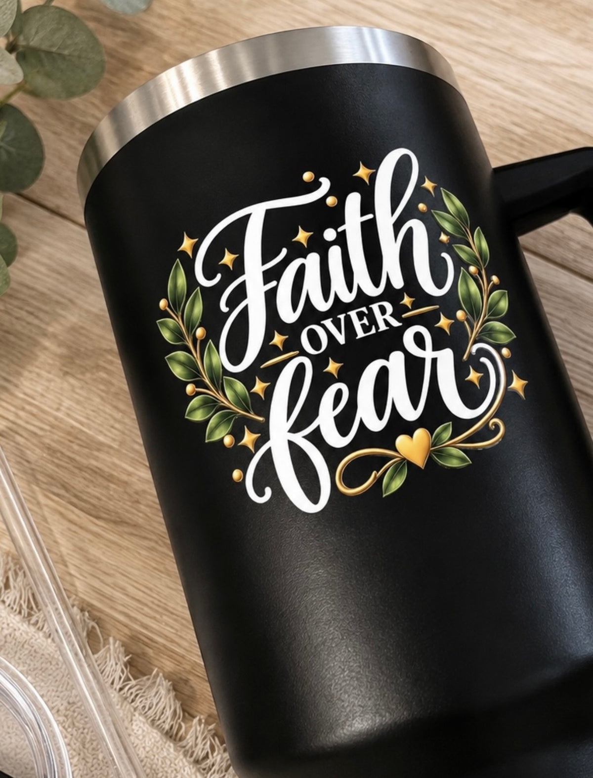 Faith Over Fear Stainless Steel Travel Tumbler with Straw
