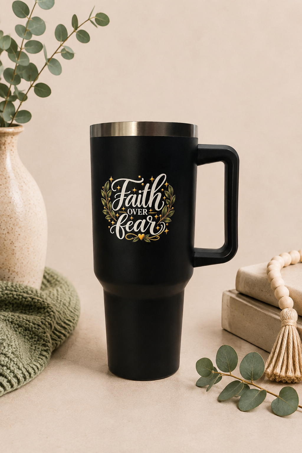 Faith Over Fear Stainless Steel Travel Tumbler with Straw