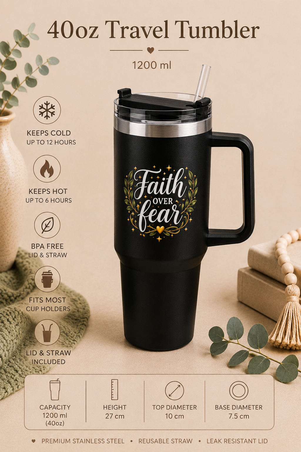 Faith Over Fear Stainless Steel Travel Tumbler with Straw
