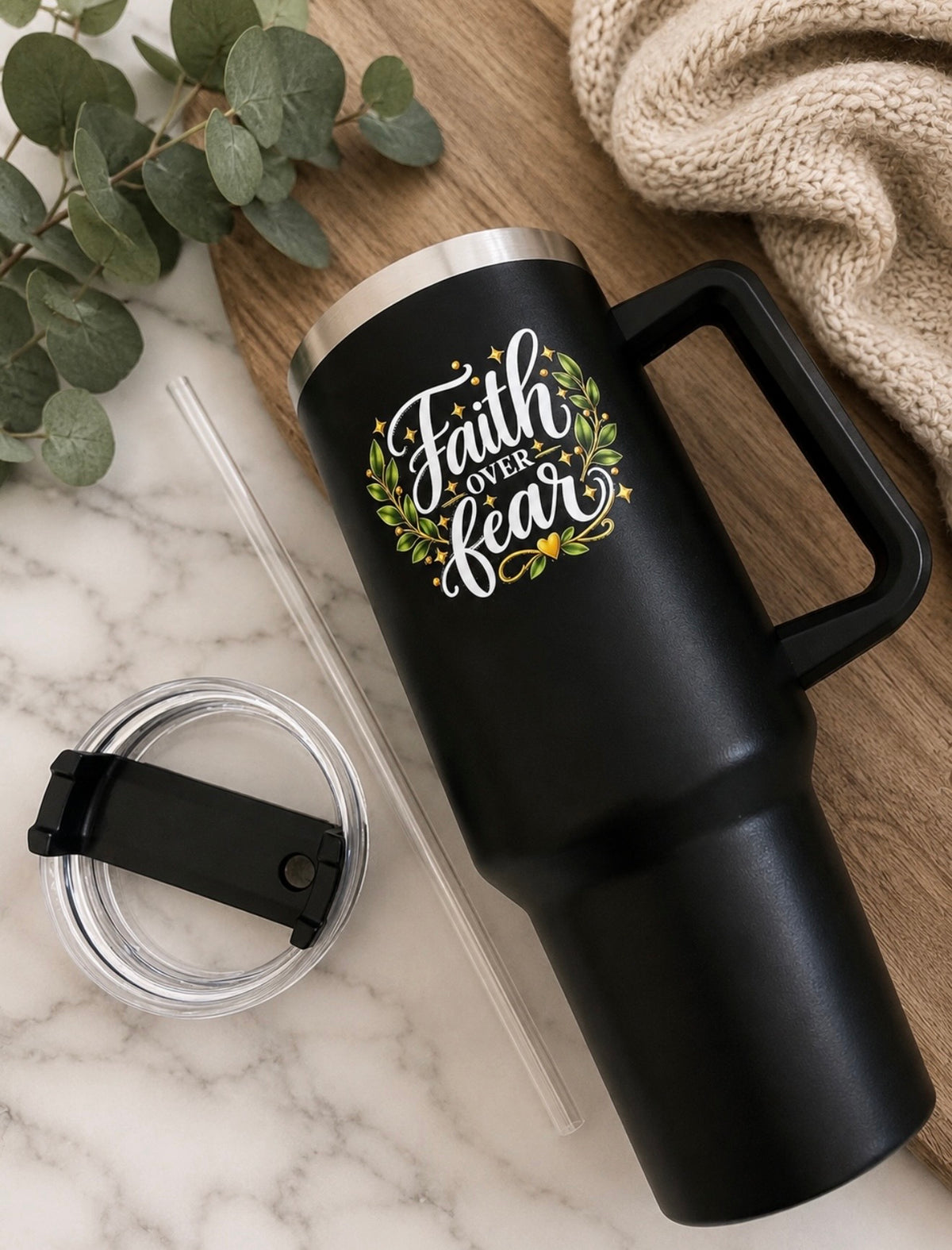 Faith Over Fear Stainless Steel Travel Tumbler with Straw