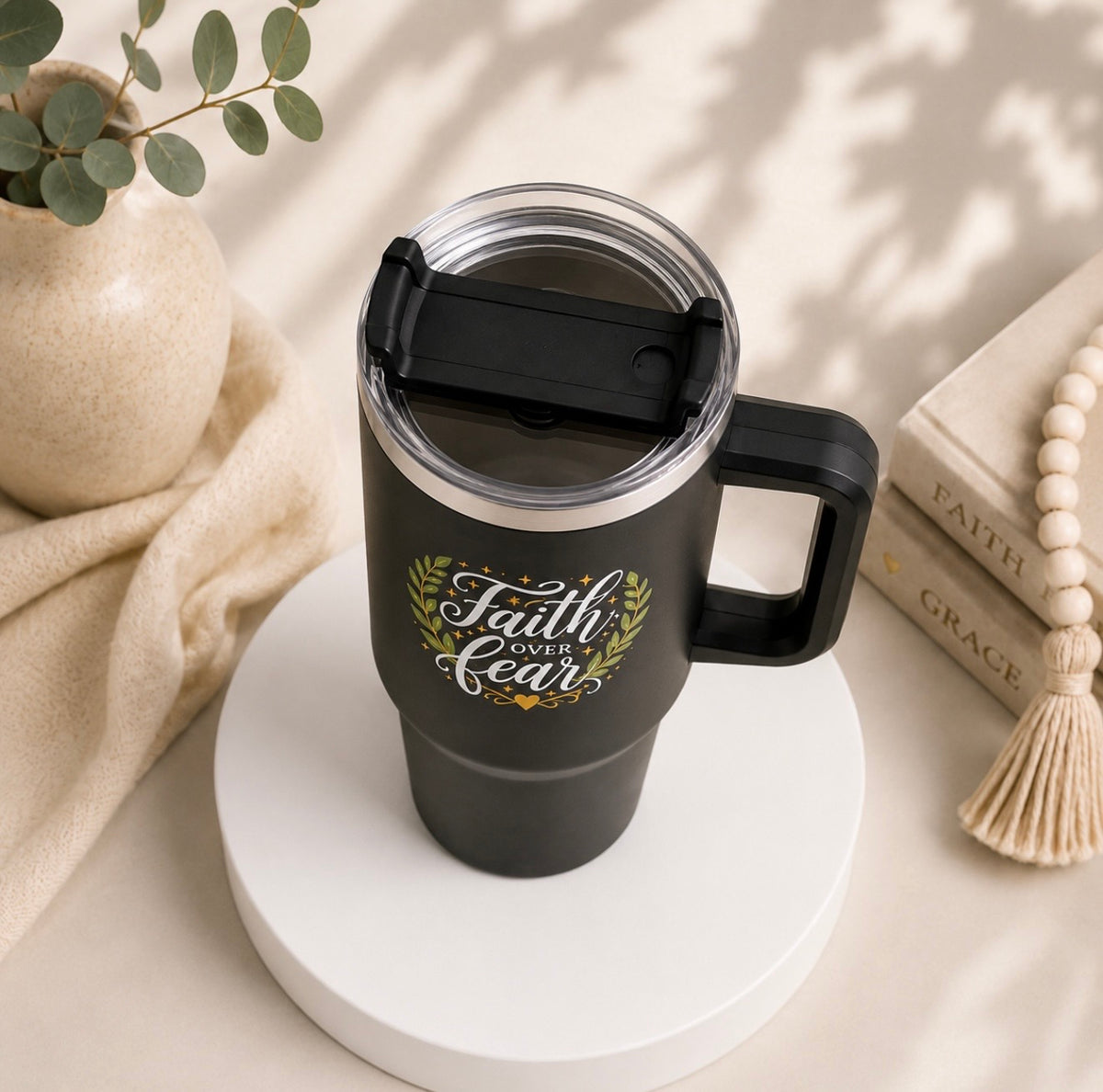 Faith Over Fear Stainless Steel Travel Tumbler with Straw