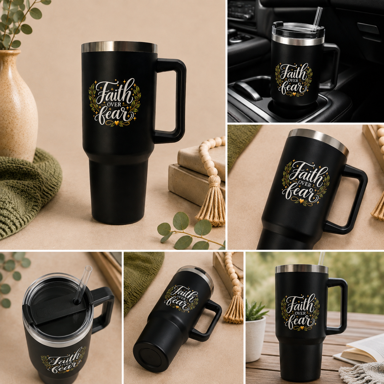 Faith Over Fear Stainless Steel Travel Tumbler with Straw