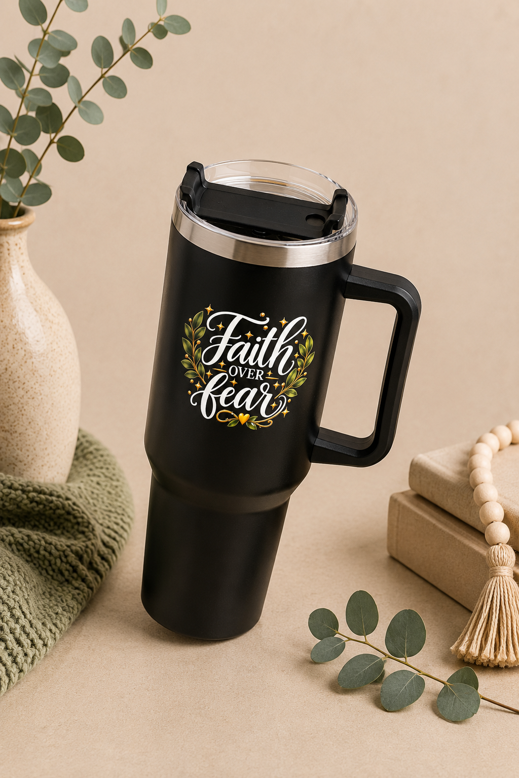 Faith Over Fear Stainless Steel Travel Tumbler with Straw